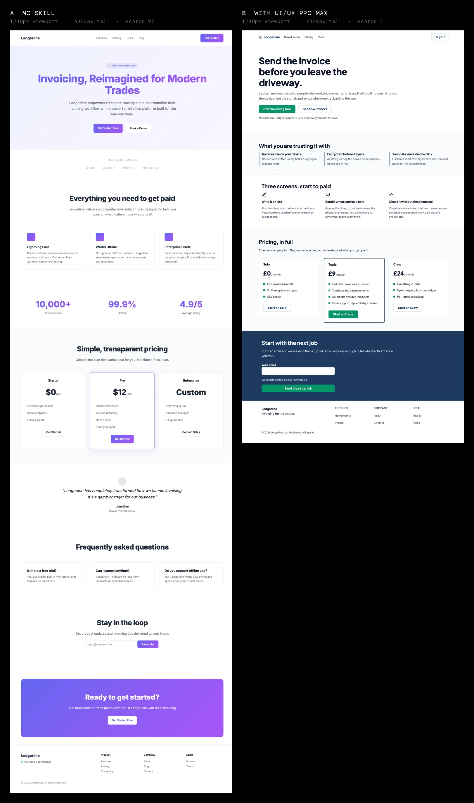 Two full-page desktop screenshots side by side. Left: a centred purple-gradient landing page with nine sections. Right: a left-aligned navy and green page with five.