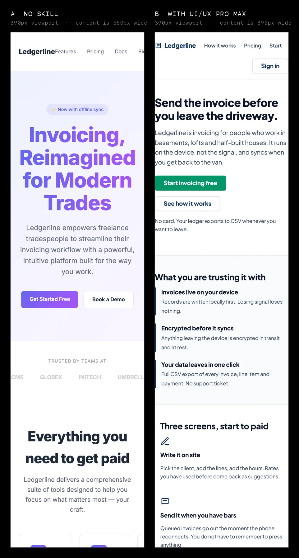 Two mobile screenshots side by side at a 390px viewport. The left page runs off the right edge; the right page fits.